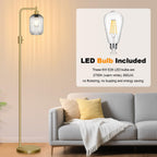 Dimmable Glass Floor Lamp, Modern Gold Standing Lamp with Green Ribbed Glass Lampshade & Knob Dimmer, Arc Tall Lamp, 2700K Led Bulb Included