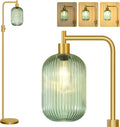 Dimmable Glass Floor Lamp for Living Room, Modern Gold Standing Lamp with Green Ribbed Glass Lampshade & Knob Dimmer, Arc Tall Lamp for Bedroom Office Reading Room, 2700K Led Bulb Included