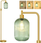 Dimmable Glass Floor Lamp for Living Room, Modern Gold Standing Lamp with Green Ribbed Glass Lampshade & Knob Dimmer, Arc Tall Lamp for Bedroom Office Reading Room, 2700K Led Bulb Included
