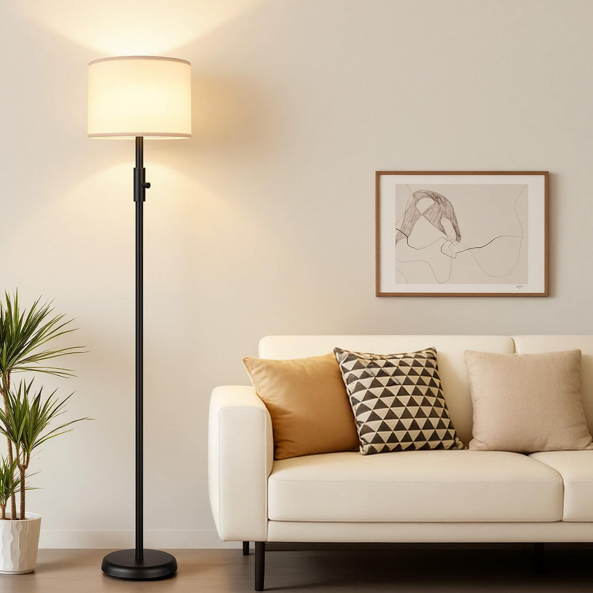 Yemela-Dimmable Floor Lamp,1000 Lumens Bulb Included, Modern Floor Lamps Simple Design with Linen Shade, Tall Standing Lamp, Black Pole Lamp
