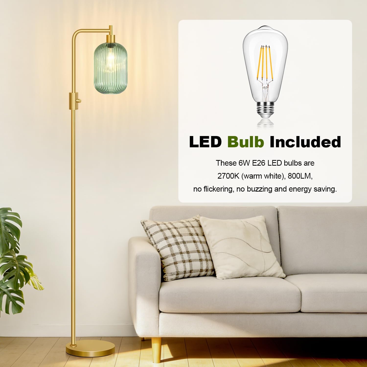 Dimmable Glass Floor Lamp for Living Room, Modern Gold Standing Lamp with Green Ribbed Glass Lampshade & Knob Dimmer, Arc Tall Lamp for Bedroom Office Reading Room, 2700K Led Bulb Included