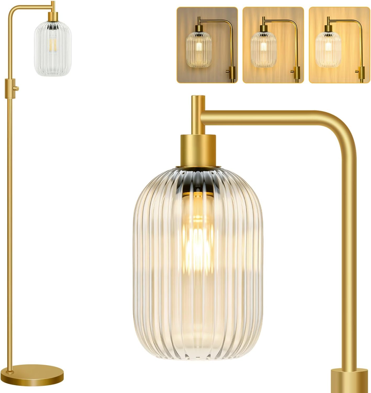 Dimmable Glass Floor Lamp, Modern Gold Standing Lamp with Green Ribbed Glass Lampshade & Knob Dimmer, Arc Tall Lamp, 2700K Led Bulb Included