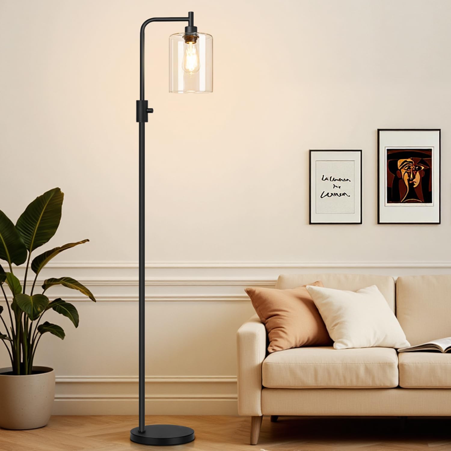 Dimmable Floor Lamp for Living Room with Glass Shade, Black Modern Industrial Floor Lamp with 900LM LED Bulb Included, Bright Standing Tall Lamp for Bedroom, Office, Reading Room, Corner