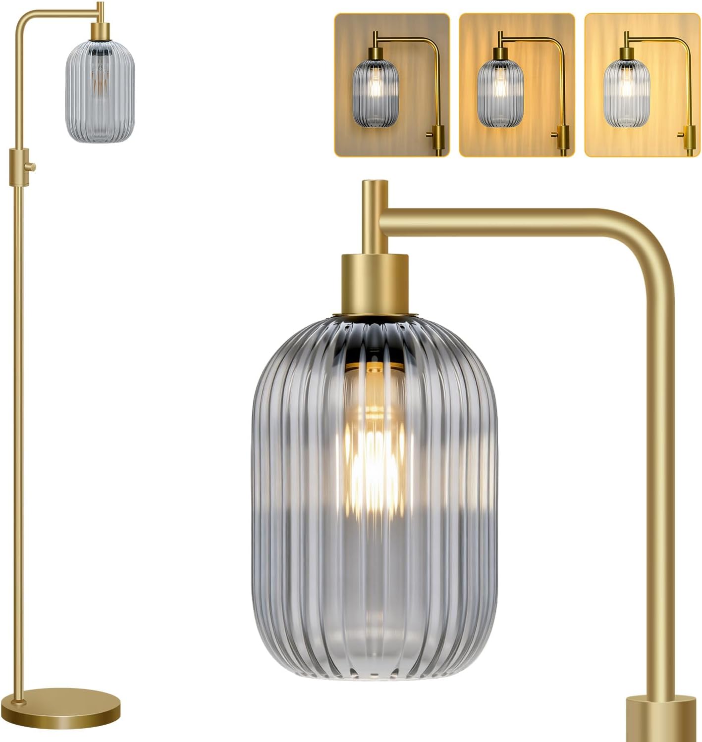 Dimmable Glass Floor Lamp, Modern Gold Standing Lamp with Green Ribbed Glass Lampshade & Knob Dimmer, Arc Tall Lamp, 2700K Led Bulb Included