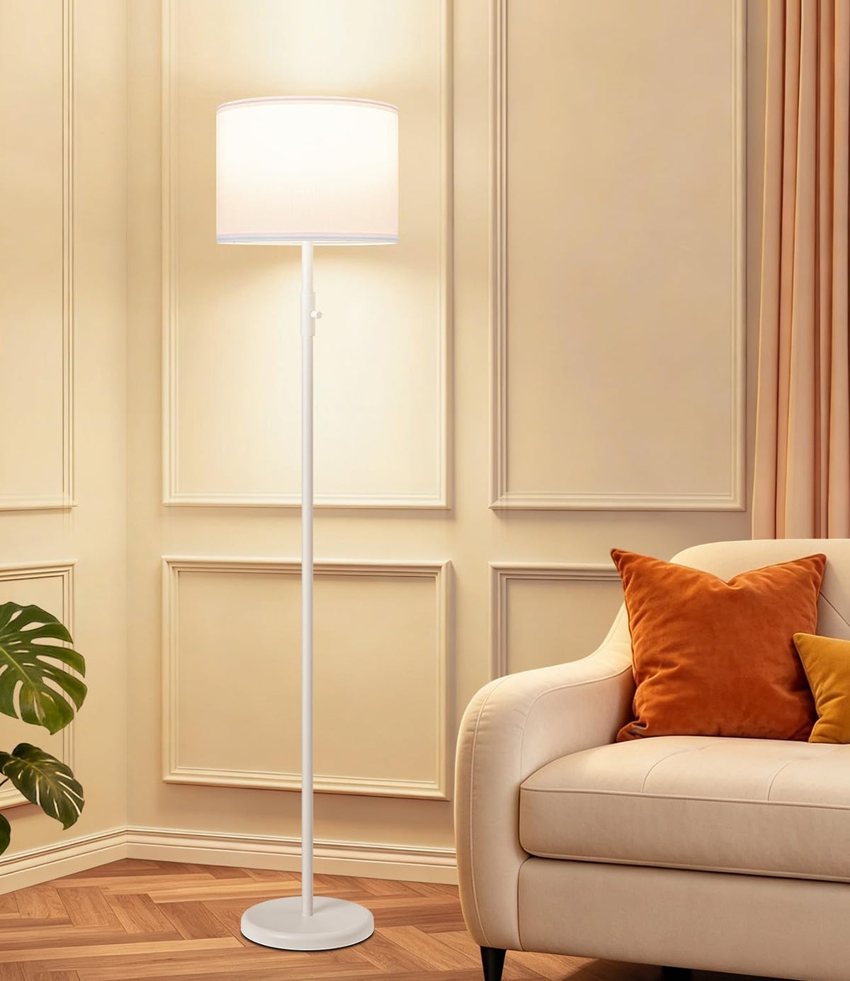 Yemela-Dimmable Floor Lamp,1000 Lumens Bulb Included, Modern Floor Lamps Simple Design with Linen Shade, Tall Standing Lamp, Black Pole Lamp