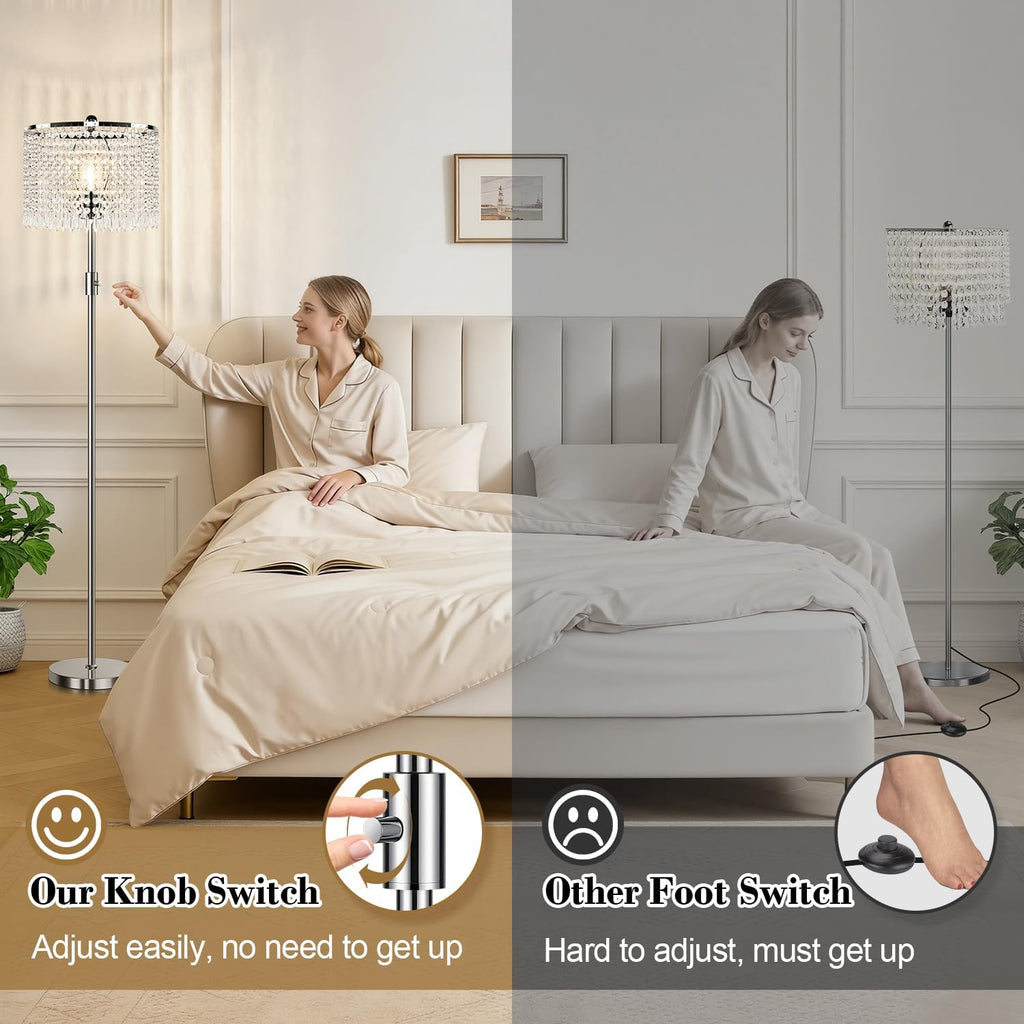 Yemela-Dimmable Crystal Floor Lamps, 1000LM LED Bulb Included, Standing Lamp with Knob Switch, Tall Silver Modern Floor Lamp