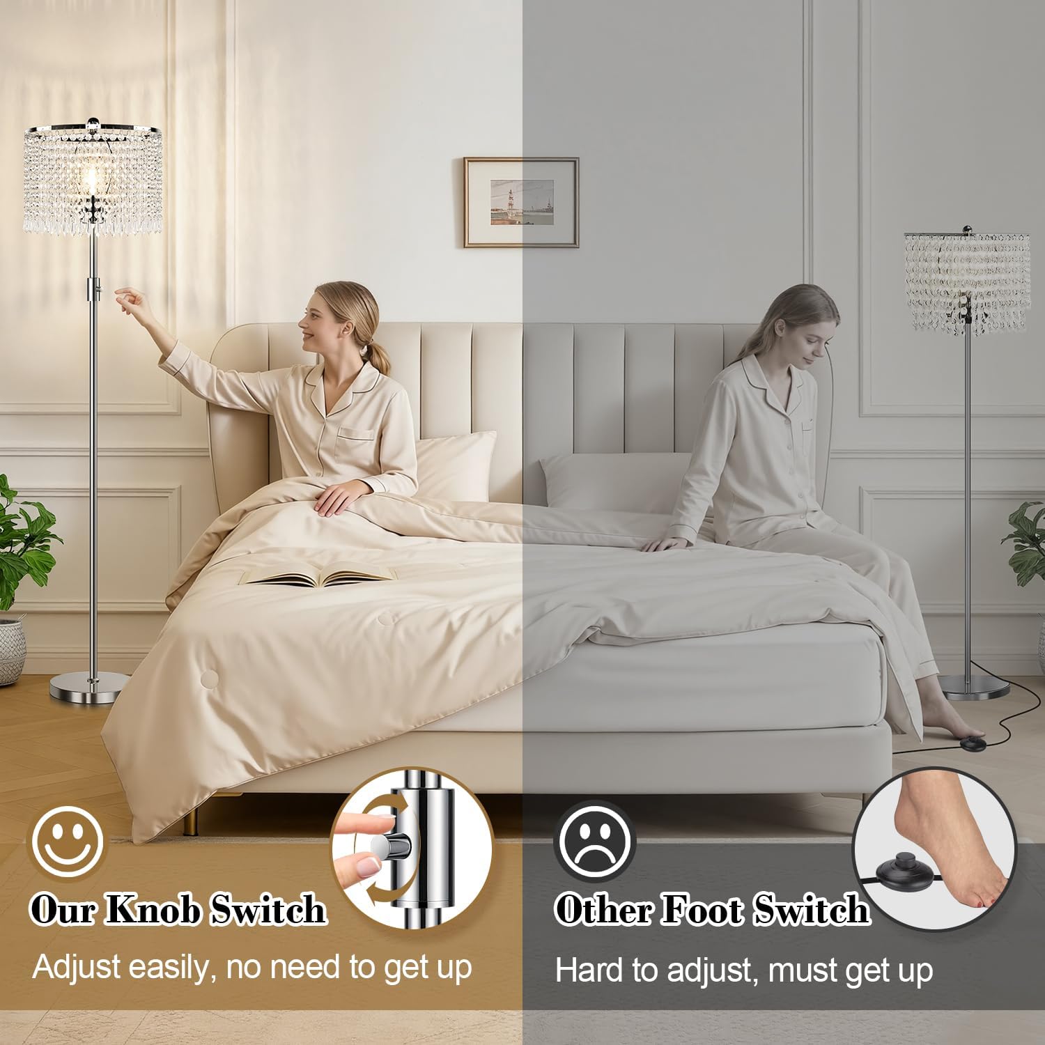 Dimmable Crystal Floor Lamps, 1000LM LED Bulb Included, Standing Lamp with Knob Switch, Tall Silver Modern Floor Lamp