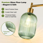 Dimmable Glass Floor Lamp for Living Room, Modern Gold Standing Lamp with Green Ribbed Glass Lampshade & Knob Dimmer, Arc Tall Lamp for Bedroom Office Reading Room, 2700K Led Bulb Included