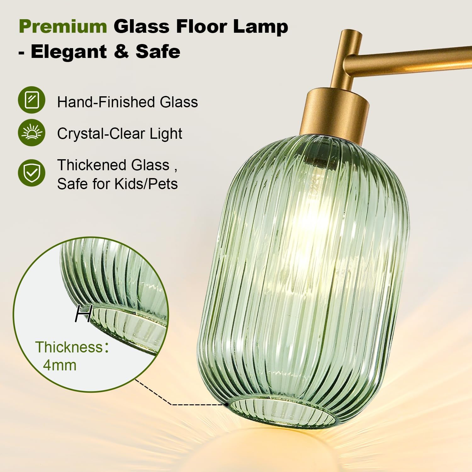 Dimmable Glass Floor Lamp for Living Room, Modern Gold Standing Lamp with Green Ribbed Glass Lampshade & Knob Dimmer, Arc Tall Lamp for Bedroom Office Reading Room, 2700K Led Bulb Included