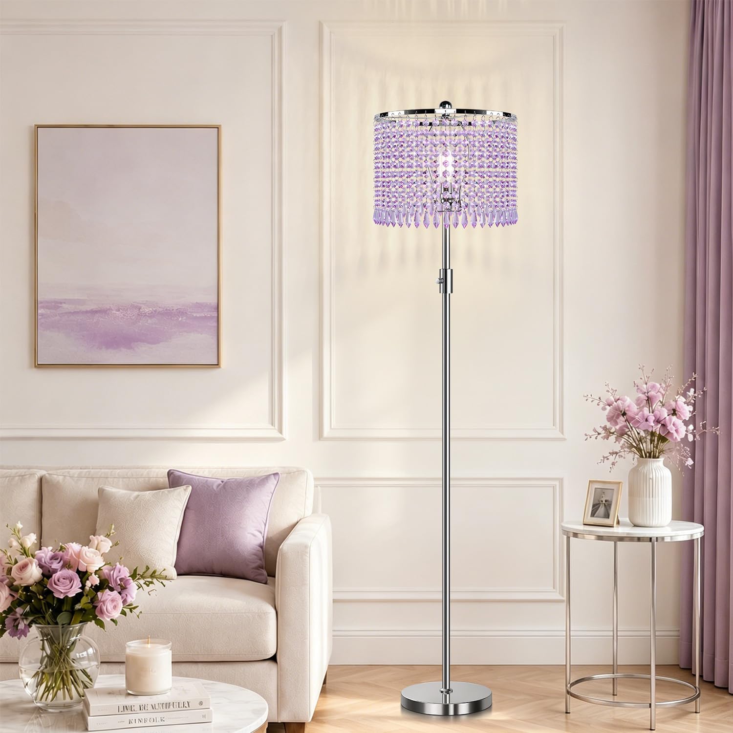 Dimmable Crystal Floor Lamps, 1000LM LED Bulb Included, Standing Lamp with Knob Switch, Tall Silver Modern Floor Lamp