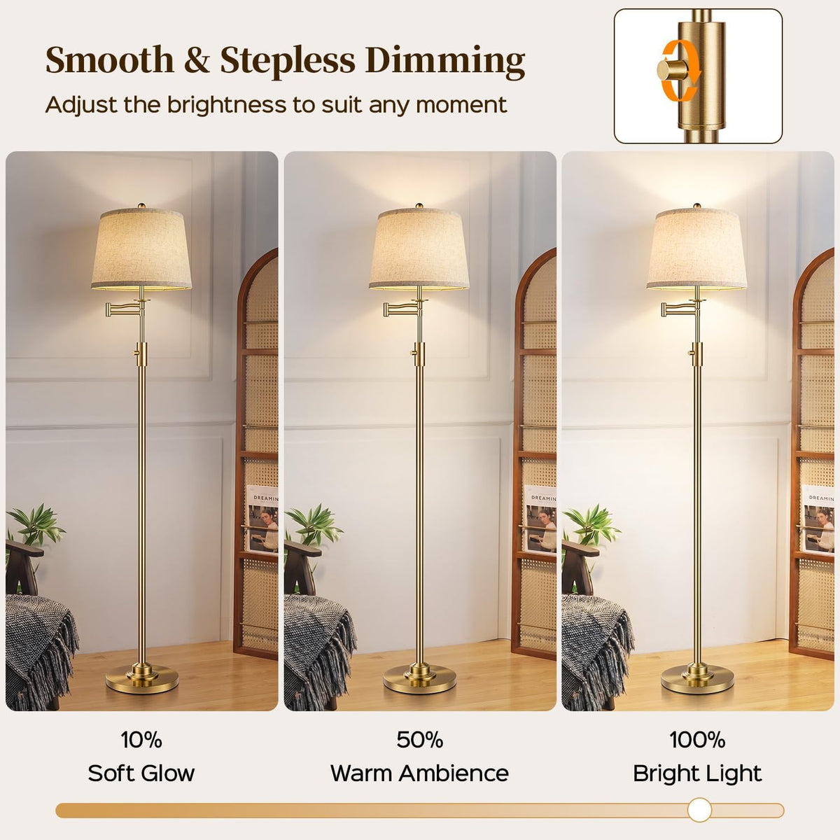 Dimmable Floor Lamp with 350° Swing Arm, 8w Bulb Included, Gold Brass