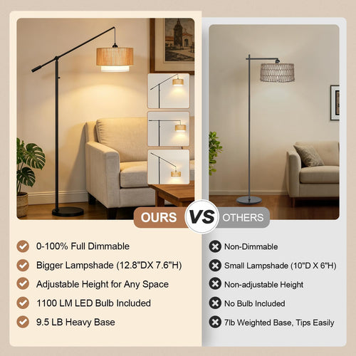 Boho Dimmable Floor Lamps with Adjustable Swing Arm, 1100 Lumens Bulb Included, Modern Standing Lamp with Rattan & Fabric Shades, Farmhouse Tall Arc Floor Lamp for Living Room Bedroom, Black