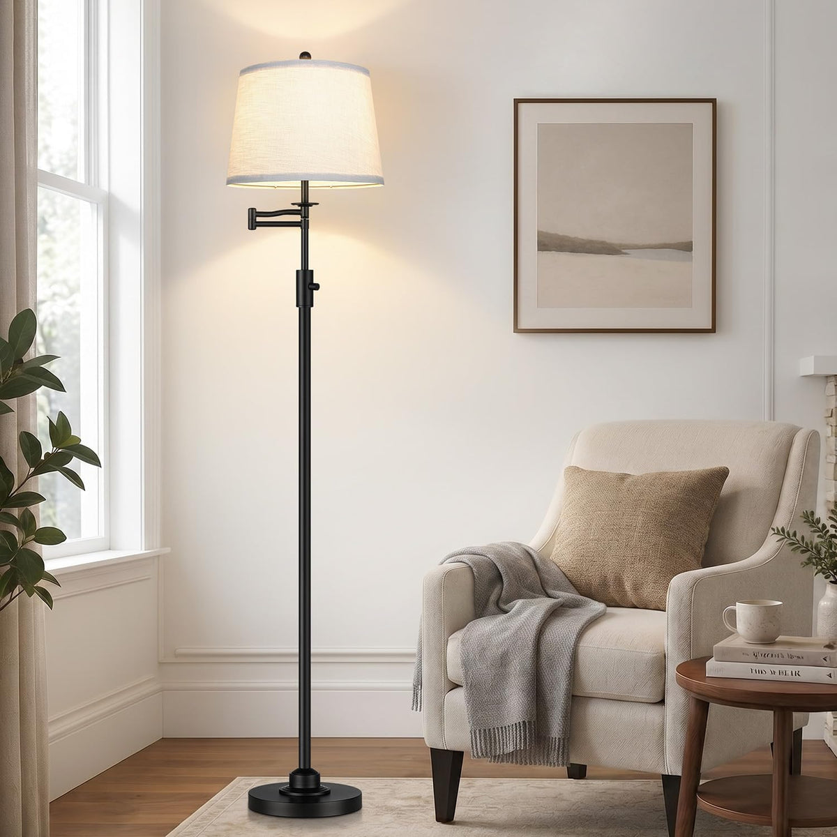 Dimmable Floor Lamp with 350° Swing Arm, 8w Bulb Included, Gold Brass