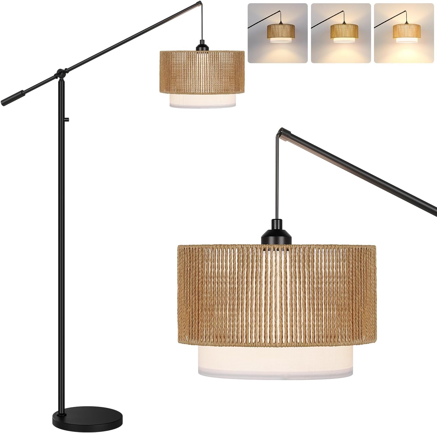 Boho Dimmable Floor Lamps with Adjustable Swing Arm, 1100 Lumens Bulb Included, Modern Standing Lamp with Rattan & Fabric Shades, Farmhouse Tall Arc Floor Lamp for Living Room Bedroom, Black