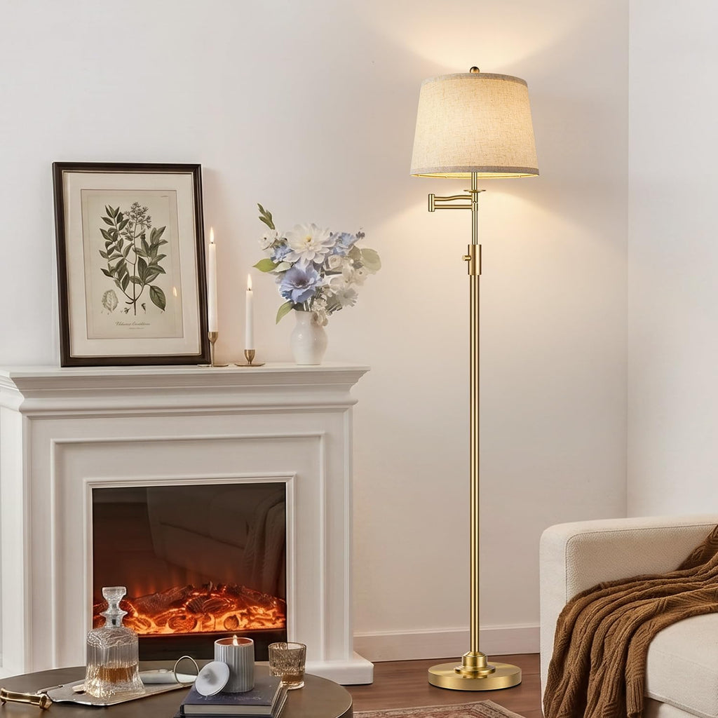 Dimmable Floor Lamp with 350° Swing Arm, 8w Bulb Included, Gold Brass