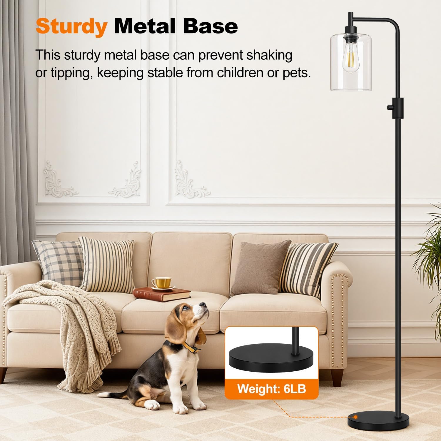 Dimmable Floor Lamp for Living Room with Glass Shade, Black Modern Industrial Floor Lamp with 900LM LED Bulb Included, Bright Standing Tall Lamp for Bedroom, Office, Reading Room, Corner