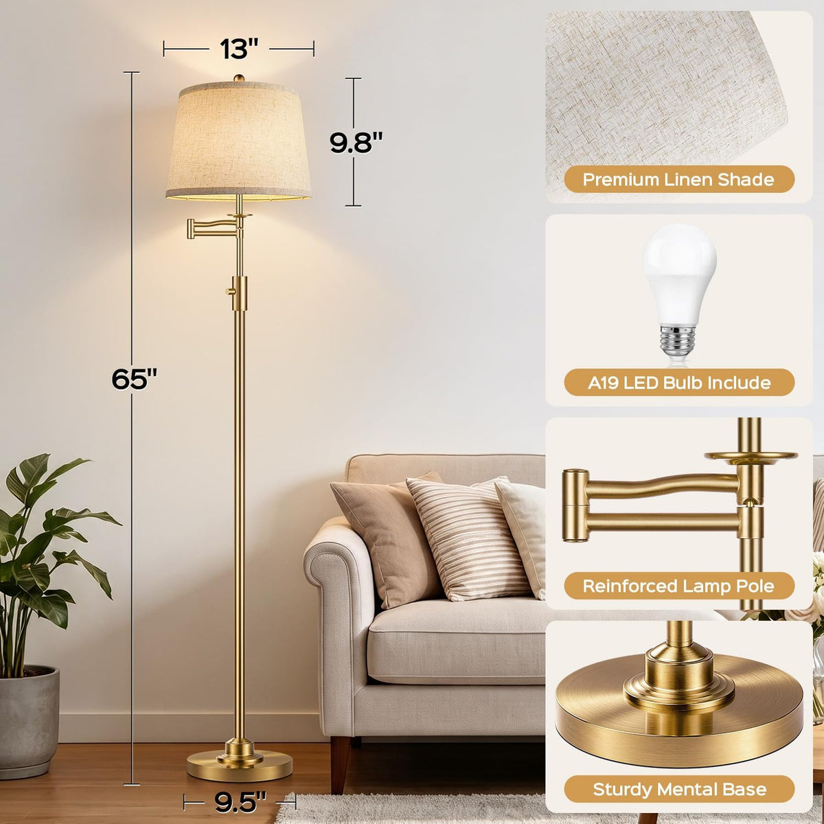 Dimmable Floor Lamp with 350° Swing Arm, 8w Bulb Included, Gold Brass