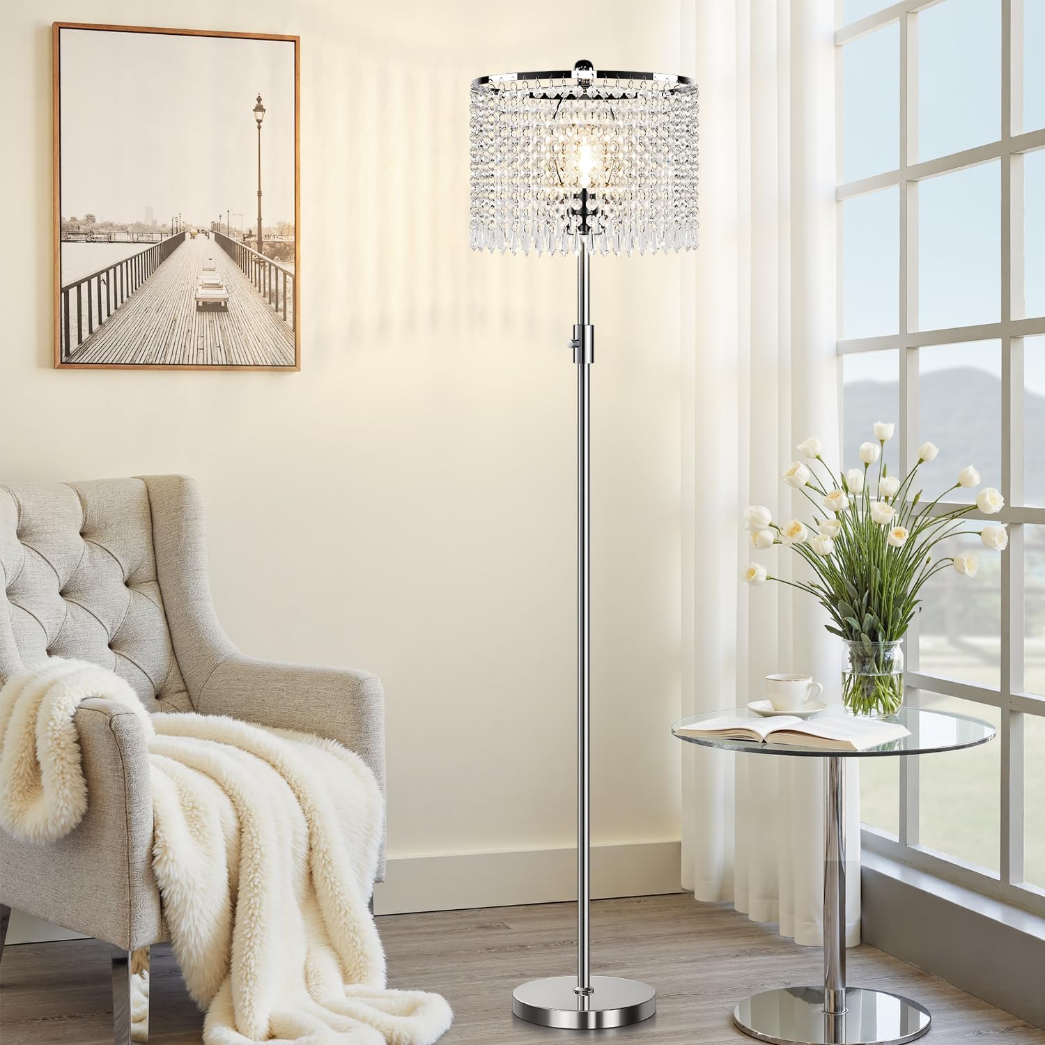 Dimmable Crystal Floor Lamps, 1000LM LED Bulb Included, Standing Lamp with Knob Switch, Tall Silver Modern Floor Lamp