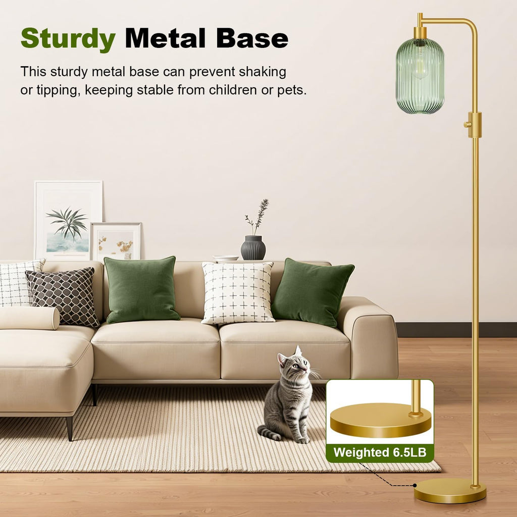 Dimmable Glass Floor Lamp for Living Room, Modern Gold Standing Lamp with Green Ribbed Glass Lampshade & Knob Dimmer, Arc Tall Lamp for Bedroom Office Reading Room, 2700K Led Bulb Included