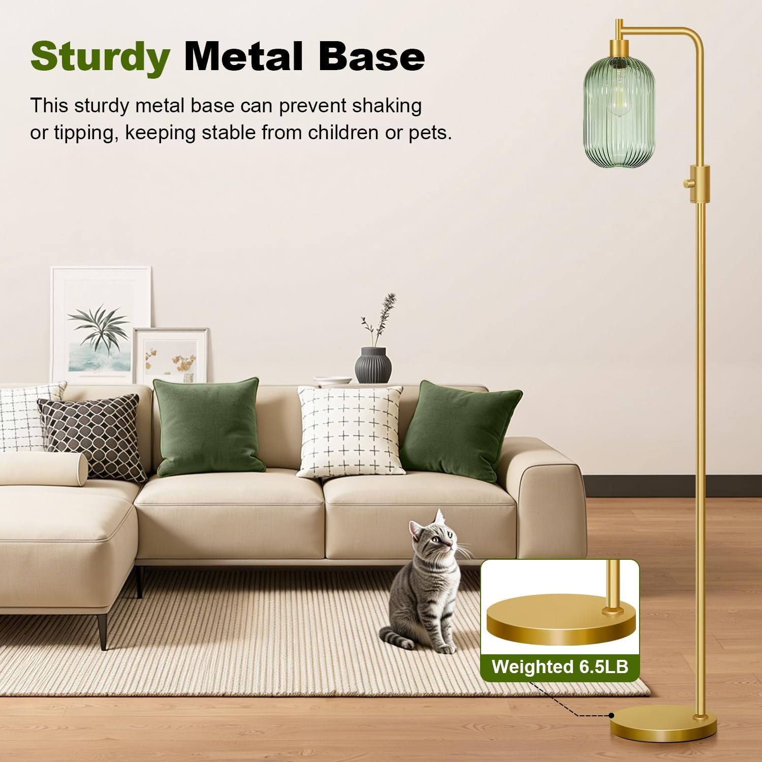 Dimmable Glass Floor Lamp for Living Room, Modern Gold Standing Lamp with Green Ribbed Glass Lampshade & Knob Dimmer, Arc Tall Lamp for Bedroom Office Reading Room, 2700K Led Bulb Included