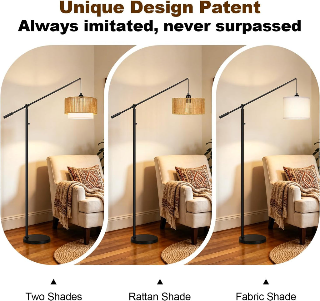 Boho Dimmable Floor Lamps with Adjustable Swing Arm, 1100 Lumens Bulb Included, Modern Standing Lamp with Rattan & Fabric Shades, Farmhouse Tall Arc Floor Lamp for Living Room Bedroom, Black