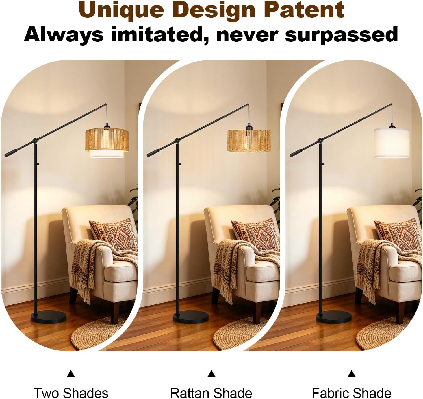 Boho Dimmable Floor Lamps with Adjustable Swing Arm, 1100 Lumens Bulb Included, Modern Standing Lamp with Rattan & Fabric Shades, Farmhouse Tall Arc Floor Lamp for Living Room Bedroom, Black