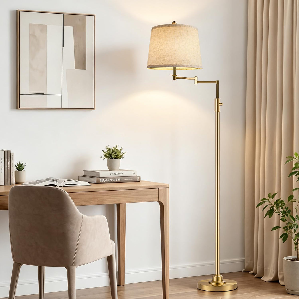 Dimmable Floor Lamp with 350° Swing Arm, 8w Bulb Included, Gold Brass