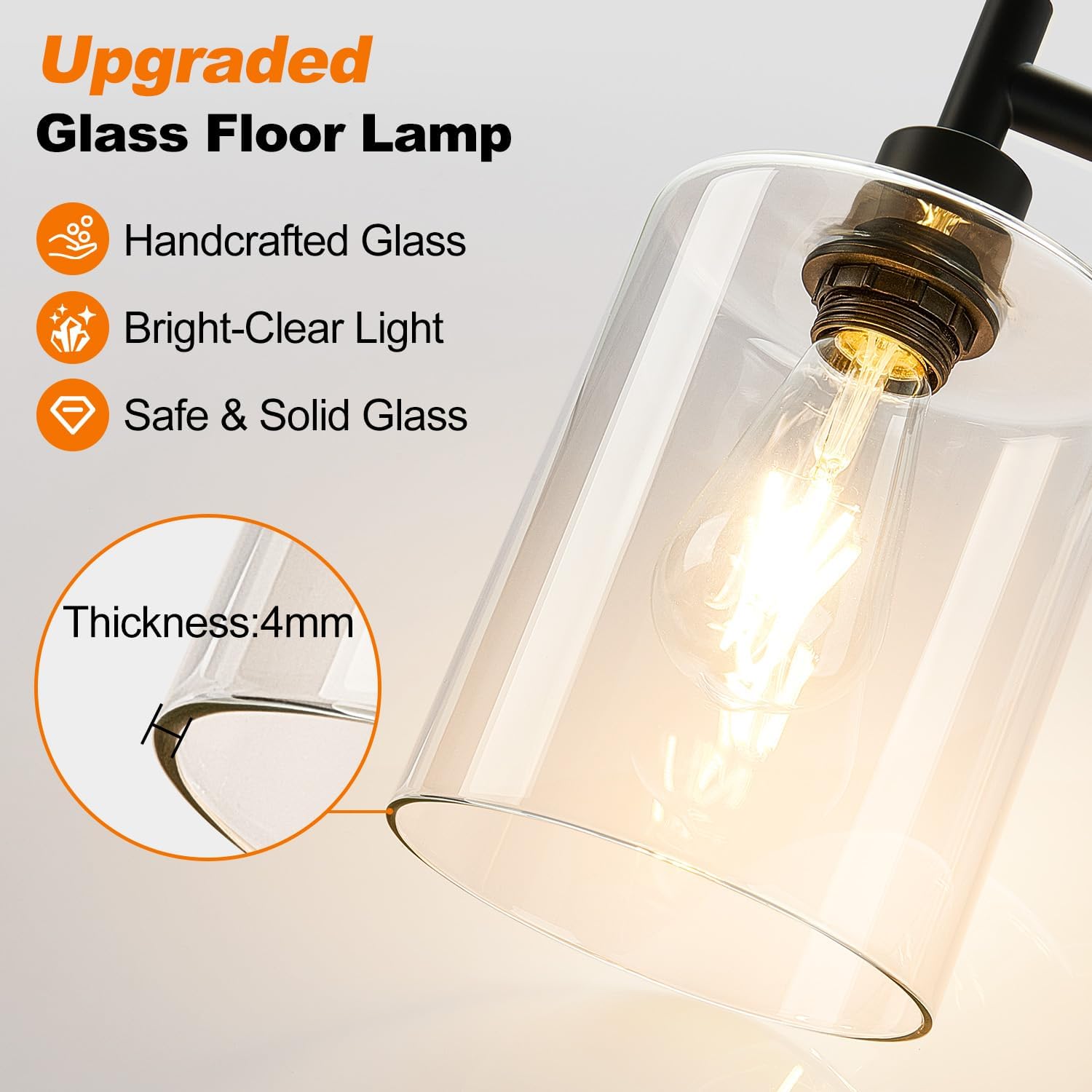 Dimmable Floor Lamp for Living Room with Glass Shade, Black Modern Industrial Floor Lamp with 900LM LED Bulb Included, Bright Standing Tall Lamp for Bedroom, Office, Reading Room, Corner