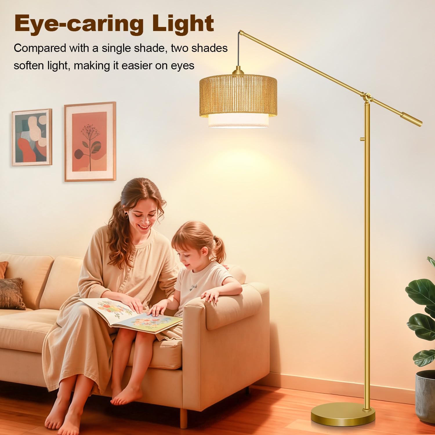 Boho Dimmable Floor Lamps with Adjustable Swing Arm, 1100 Lumens Bulb Included, Modern Standing Lamp with Rattan & Fabric Shades, Farmhouse Tall Arc Floor Lamp