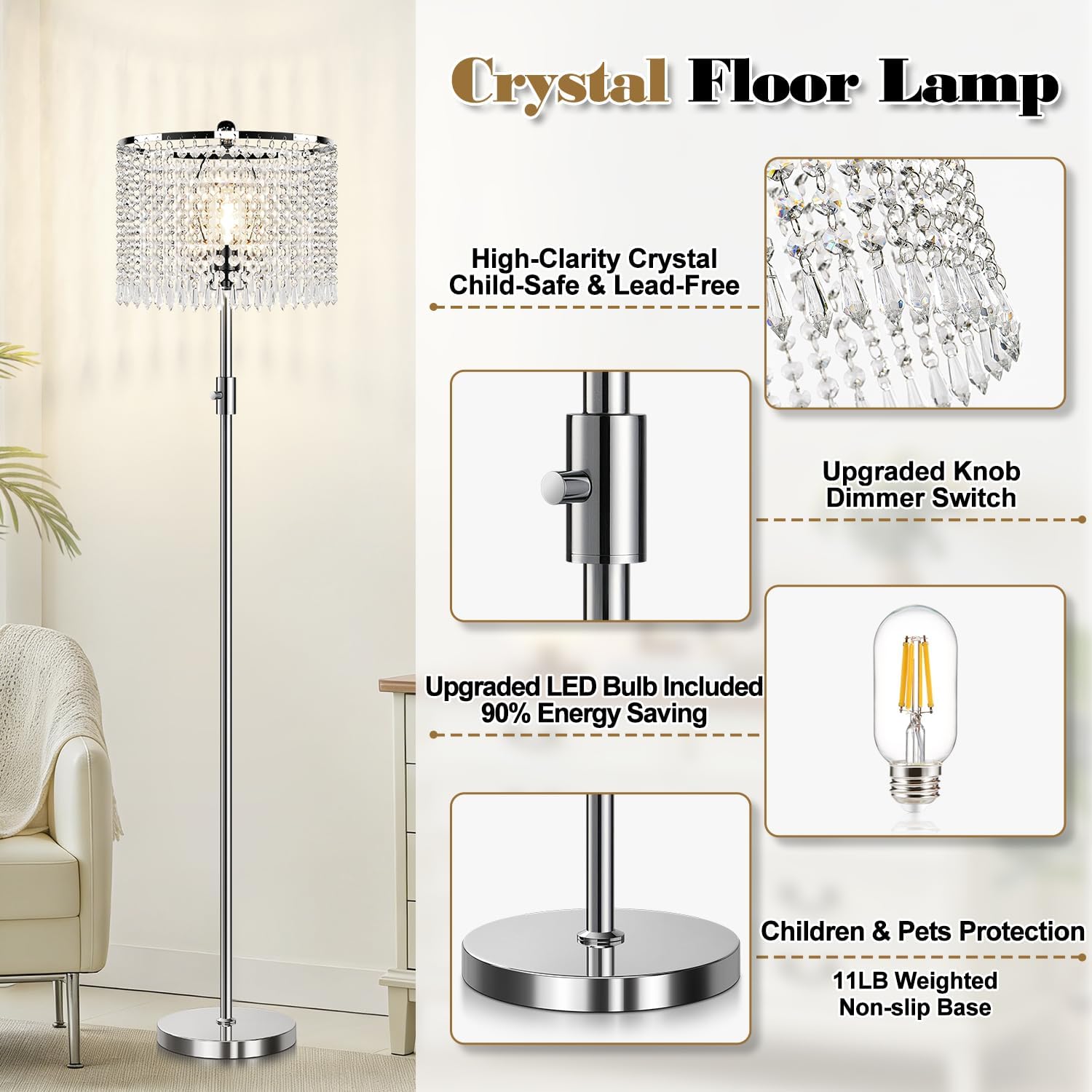 Dimmable Crystal Floor Lamps, 1000LM LED Bulb Included, Standing Lamp with Knob Switch, Tall Silver Modern Floor Lamp