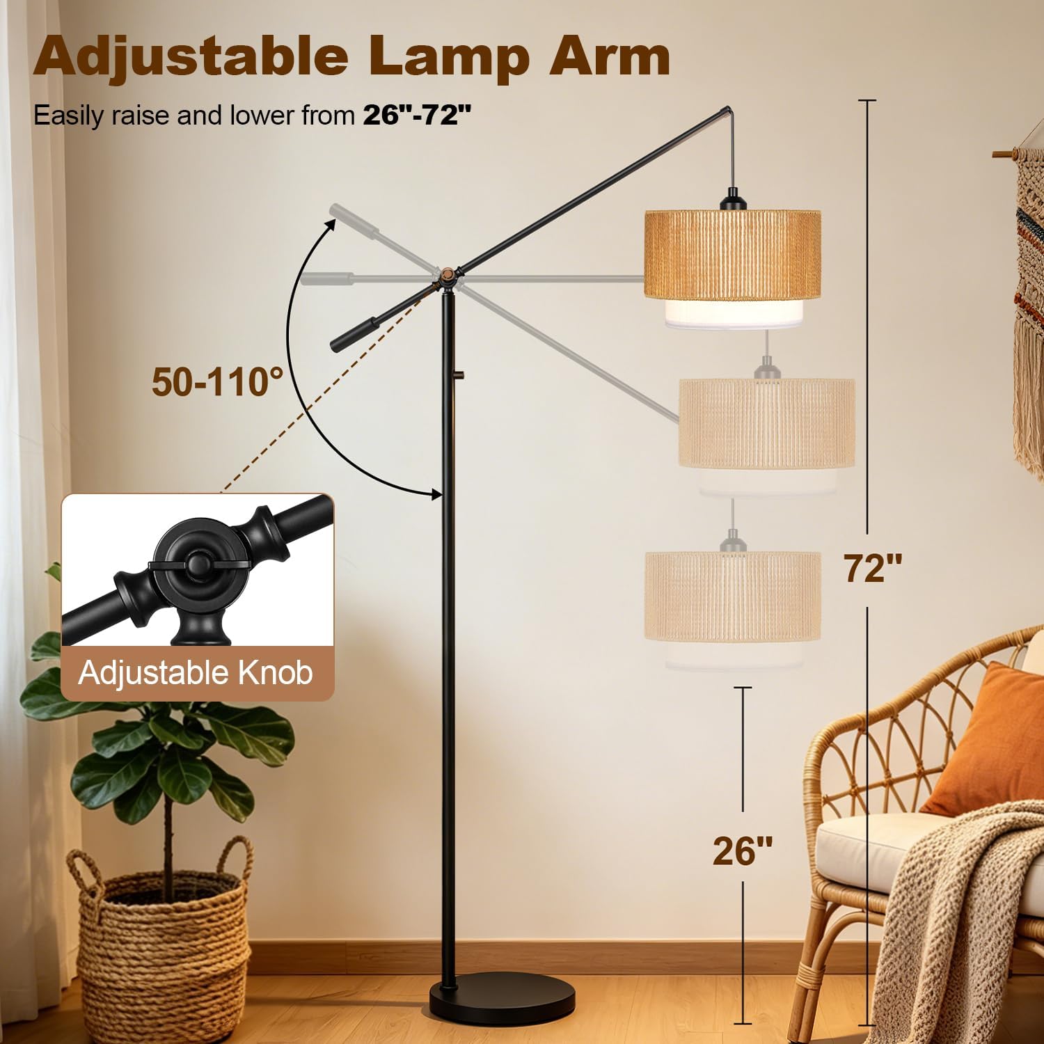 Boho Dimmable Floor Lamps with Adjustable Swing Arm, 1100 Lumens Bulb Included, Modern Standing Lamp with Rattan & Fabric Shades, Farmhouse Tall Arc Floor Lamp for Living Room Bedroom, Black