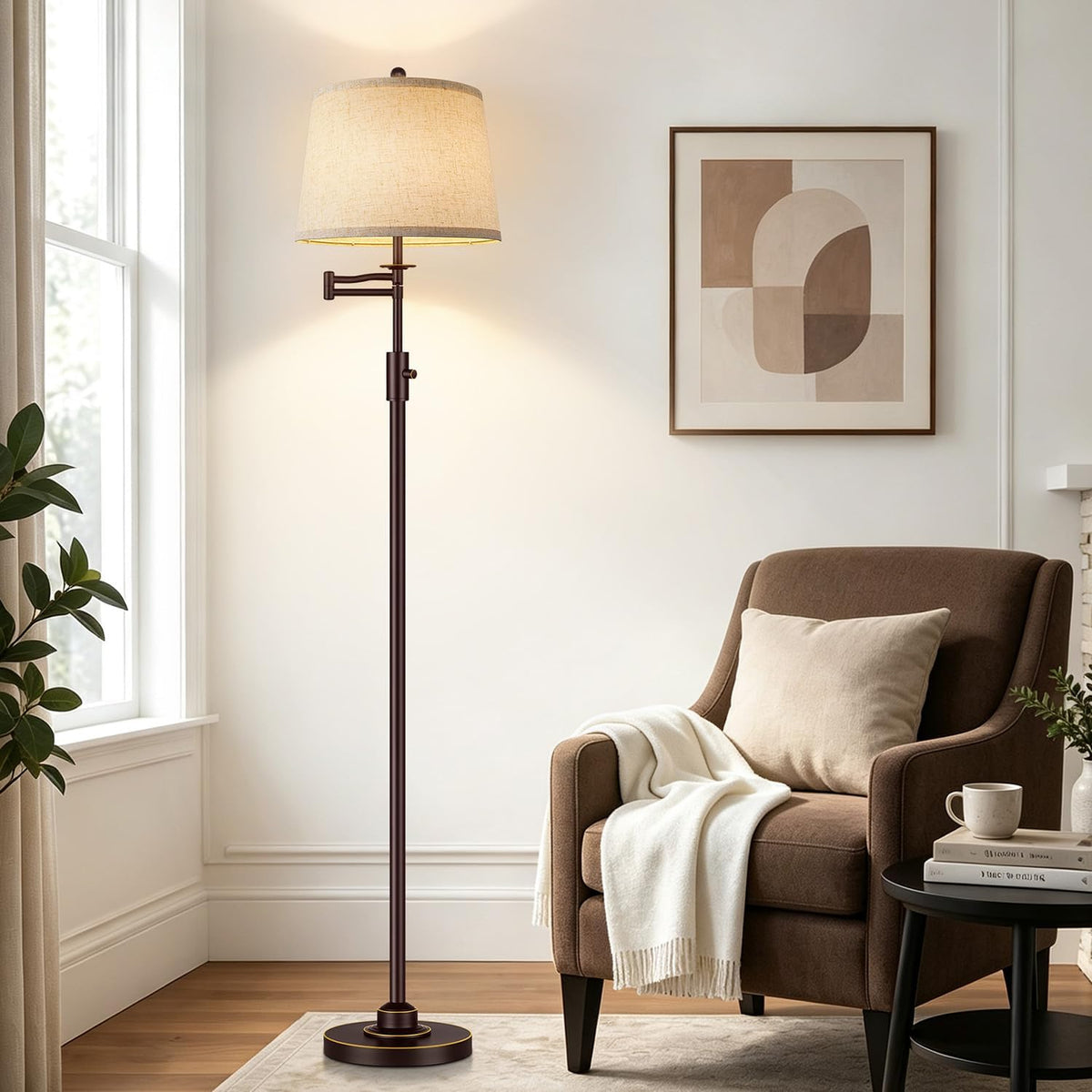 Dimmable Floor Lamp with 350° Swing Arm, 8w Bulb Included, Gold Brass