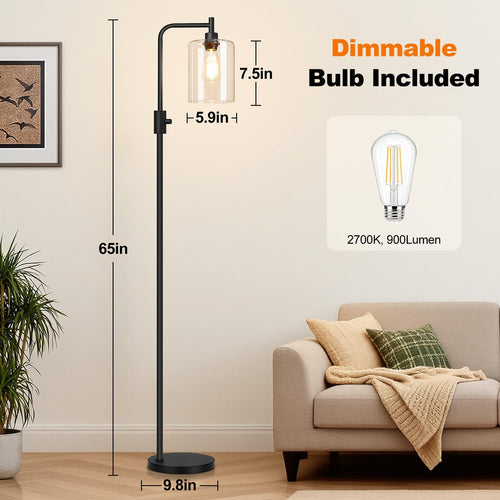 Dimmable Floor Lamp for Living Room with Glass Shade, Black Modern Industrial Floor Lamp with 900LM LED Bulb Included, Bright Standing Tall Lamp for Bedroom, Office, Reading Room, Corner