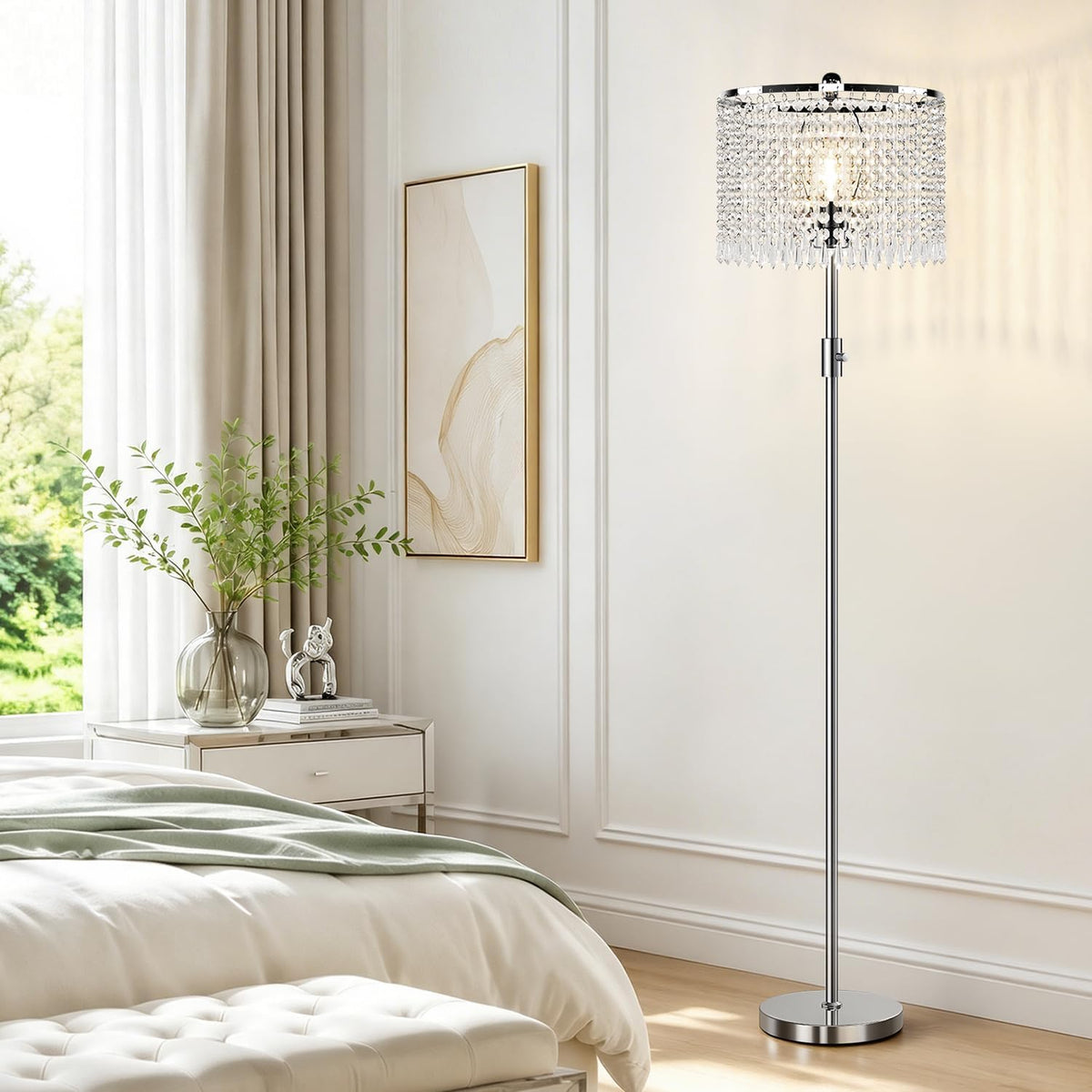 Yemela-Dimmable Crystal Floor Lamps, 1000LM LED Bulb Included, Standing Lamp with Knob Switch, Tall Silver Modern Floor Lamp