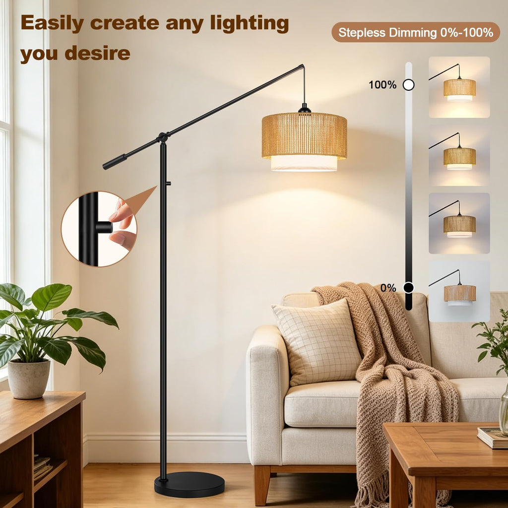 Boho Dimmable Floor Lamps with Adjustable Swing Arm, 1100 Lumens Bulb Included, Modern Standing Lamp with Rattan & Fabric Shades, Farmhouse Tall Arc Floor Lamp for Living Room Bedroom, Black