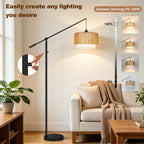 Boho Dimmable Floor Lamps with Adjustable Swing Arm, 1100 Lumens Bulb Included, Modern Standing Lamp with Rattan & Fabric Shades, Farmhouse Tall Arc Floor Lamp for Living Room Bedroom, Black