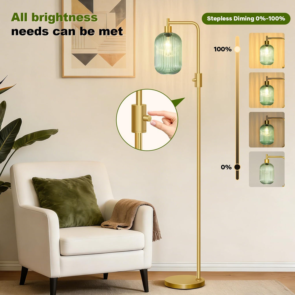 Dimmable Glass Floor Lamp for Living Room, Modern Gold Standing Lamp with Green Ribbed Glass Lampshade & Knob Dimmer, Arc Tall Lamp for Bedroom Office Reading Room, 2700K Led Bulb Included