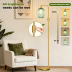 Dimmable Glass Floor Lamp for Living Room, Modern Gold Standing Lamp with Green Ribbed Glass Lampshade & Knob Dimmer, Arc Tall Lamp for Bedroom Office Reading Room, 2700K Led Bulb Included