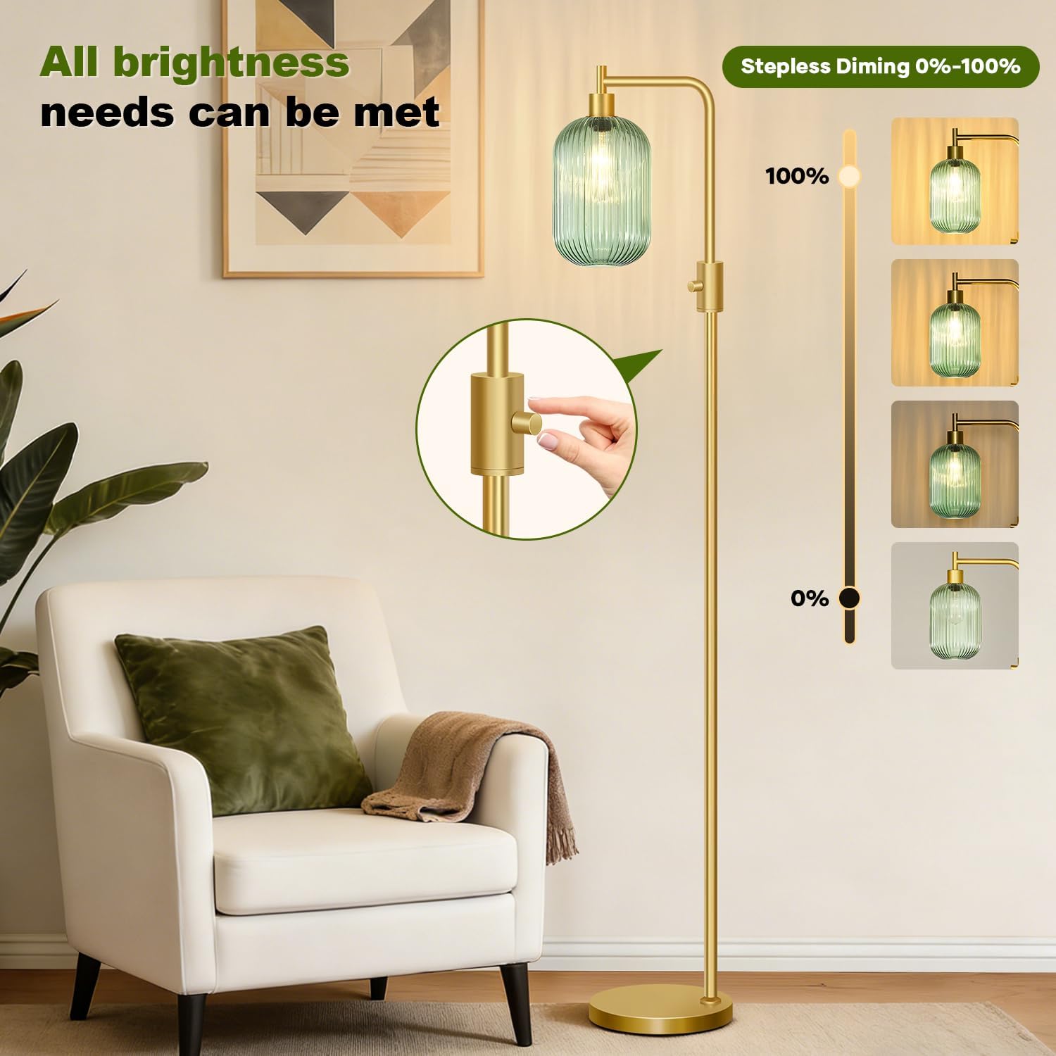 Dimmable Glass Floor Lamp for Living Room, Modern Gold Standing Lamp with Green Ribbed Glass Lampshade & Knob Dimmer, Arc Tall Lamp for Bedroom Office Reading Room, 2700K Led Bulb Included