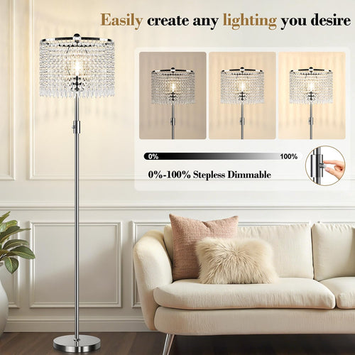 Dimmable Crystal Floor Lamps, 1000LM LED Bulb Included, Standing Lamp with Knob Switch, Tall Silver Modern Floor Lamp