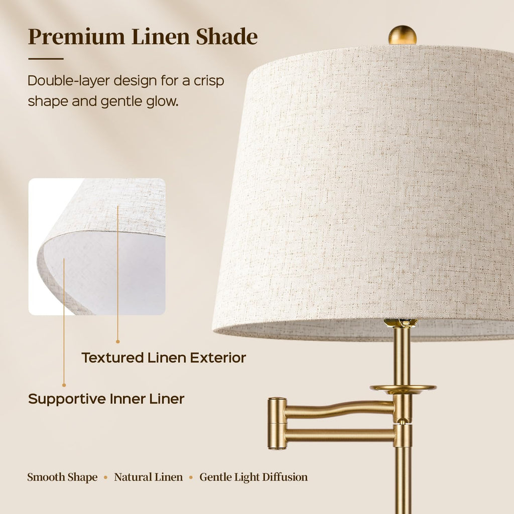 Dimmable Floor Lamp with 350° Swing Arm, 8w Bulb Included, Gold Brass