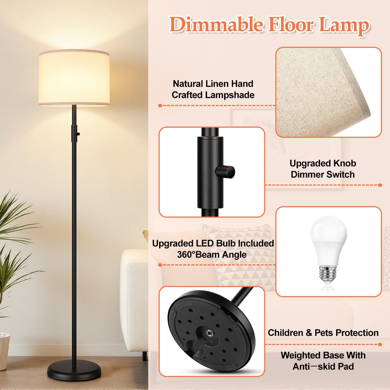 Dimmable Floor Lamp for Living Room,1000 Lumens Bulb Included, Modern Floor Lamps Simple Design with Linen Shade, Tall Standing Lamp for Bedroom Office Dining Room, Black Pole Lamp