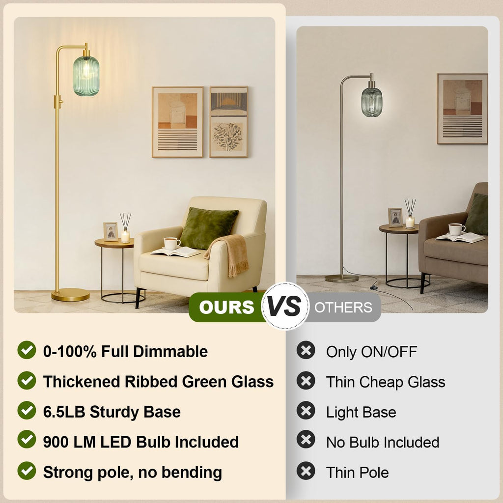 Dimmable Glass Floor Lamp for Living Room, Modern Gold Standing Lamp with Green Ribbed Glass Lampshade & Knob Dimmer, Arc Tall Lamp for Bedroom Office Reading Room, 2700K Led Bulb Included