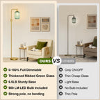 Dimmable Glass Floor Lamp for Living Room, Modern Gold Standing Lamp with Green Ribbed Glass Lampshade & Knob Dimmer, Arc Tall Lamp for Bedroom Office Reading Room, 2700K Led Bulb Included