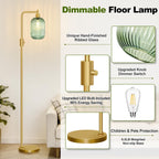 Dimmable Glass Floor Lamp for Living Room, Modern Gold Standing Lamp with Green Ribbed Glass Lampshade & Knob Dimmer, Arc Tall Lamp for Bedroom Office Reading Room, 2700K Led Bulb Included