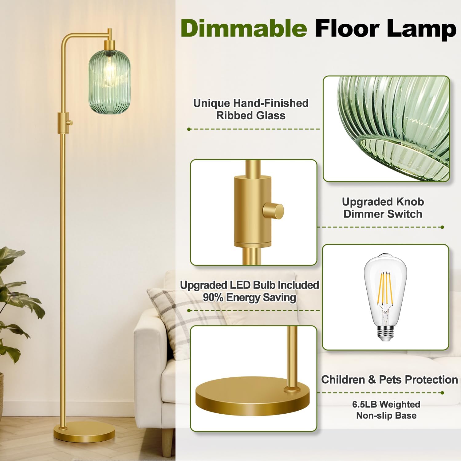 Dimmable Glass Floor Lamp for Living Room, Modern Gold Standing Lamp with Green Ribbed Glass Lampshade & Knob Dimmer, Arc Tall Lamp for Bedroom Office Reading Room, 2700K Led Bulb Included