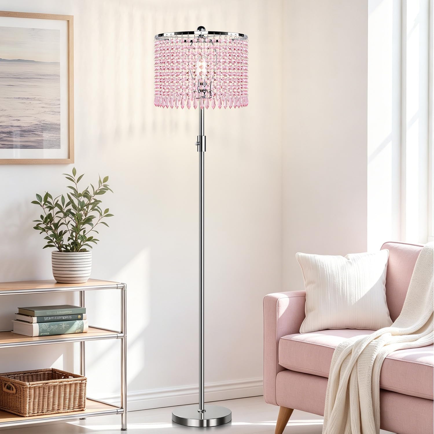 Dimmable Crystal Floor Lamps, 1000LM LED Bulb Included, Standing Lamp with Knob Switch, Tall Silver Modern Floor Lamp