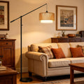 Boho Dimmable Floor Lamps with Adjustable Swing Arm, 1100 Lumens Bulb Included, Modern Standing Lamp with Rattan & Fabric Shades, Farmhouse Tall Arc Floor Lamp