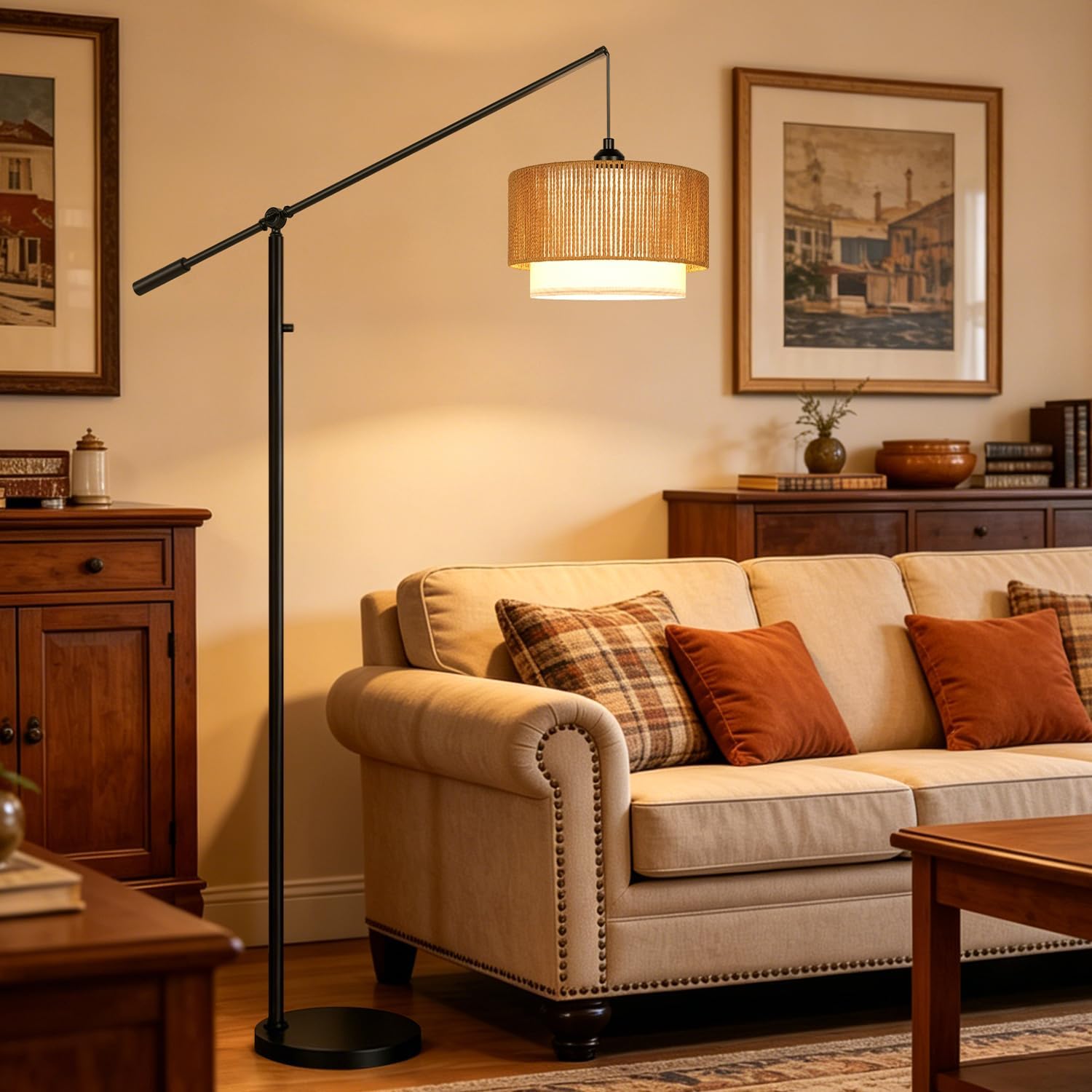 Boho Dimmable Floor Lamps with Adjustable Swing Arm, 1100 Lumens Bulb Included, Modern Standing Lamp with Rattan & Fabric Shades, Farmhouse Tall Arc Floor Lamp for Living Room Bedroom, Black