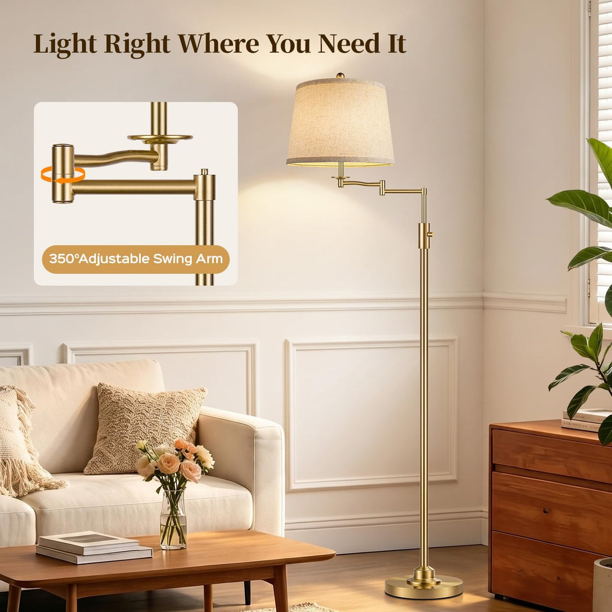 Dimmable Floor Lamp with 350° Swing Arm, 8w Bulb Included, Gold Brass